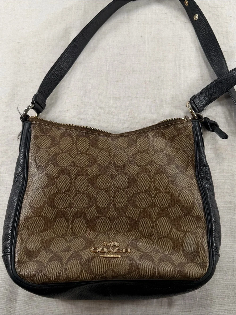 Coach Brown Signature Canvas Crossbody with Black Trim and Gold Hardware